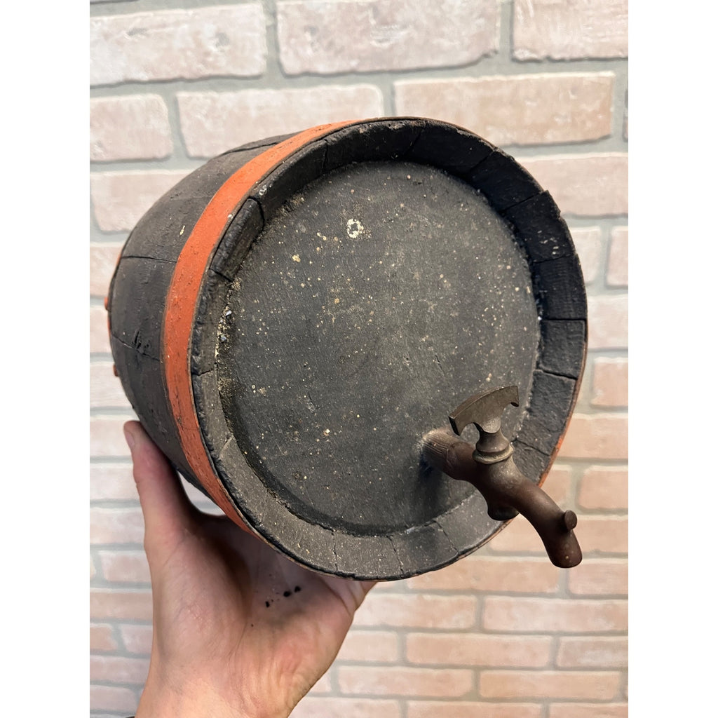 Pre-Prohibition Antique Miniature Wooden Keg Barrel w Brass Spigot Orange & Blue