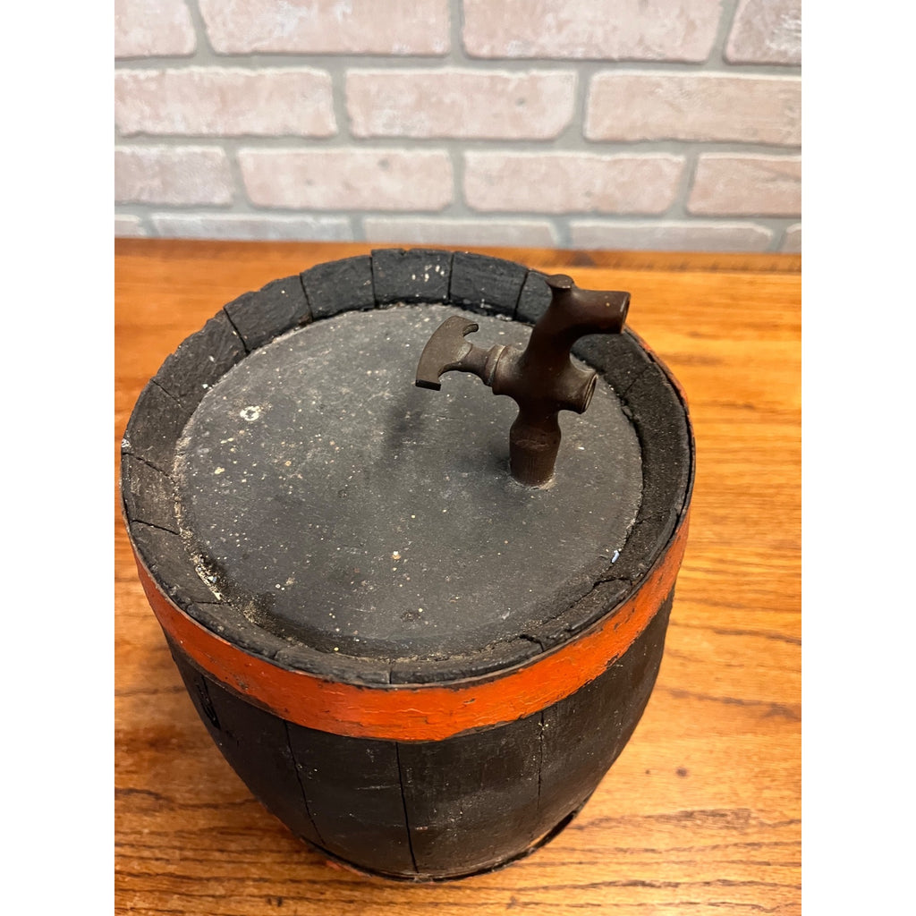 Pre-Prohibition Antique Miniature Wooden Keg Barrel w Brass Spigot Orange & Blue