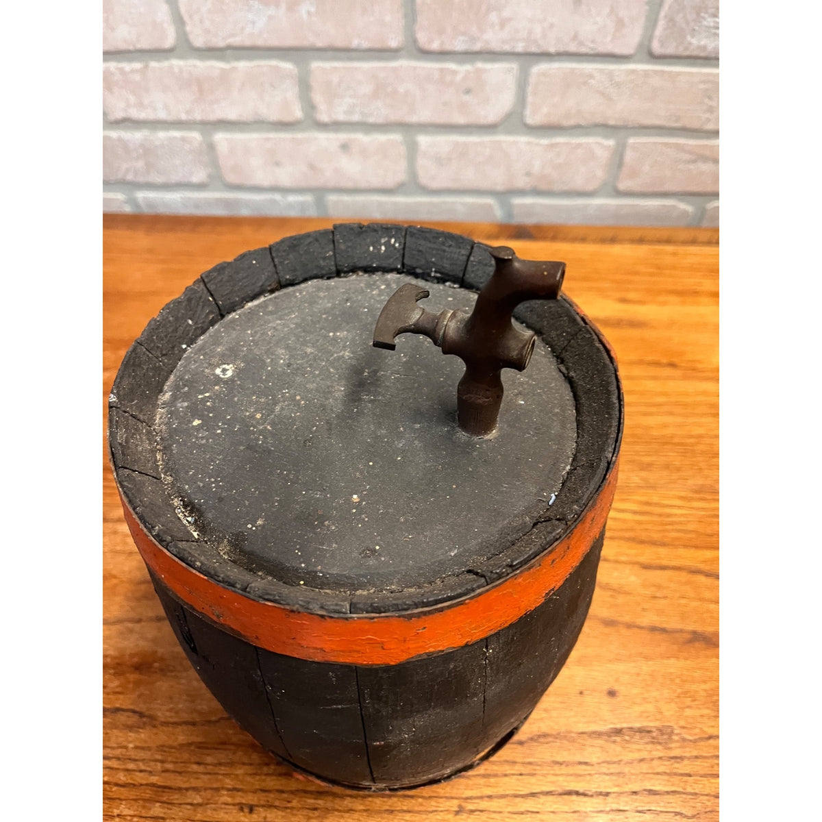 Pre-Prohibition Antique Miniature Wooden Keg Barrel w Brass Spigot Orange & Blue