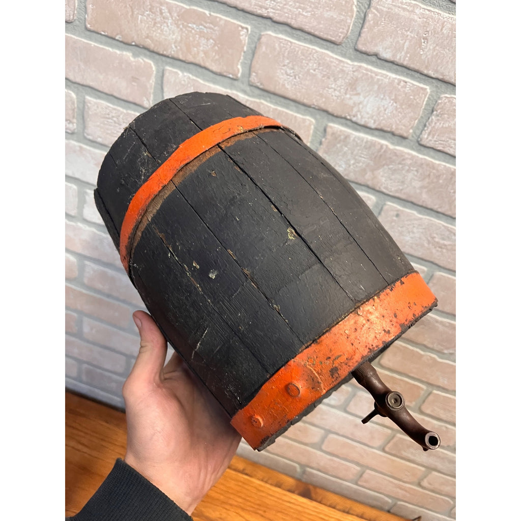 Pre-Prohibition Antique Miniature Wooden Keg Barrel w Brass Spigot Orange & Blue