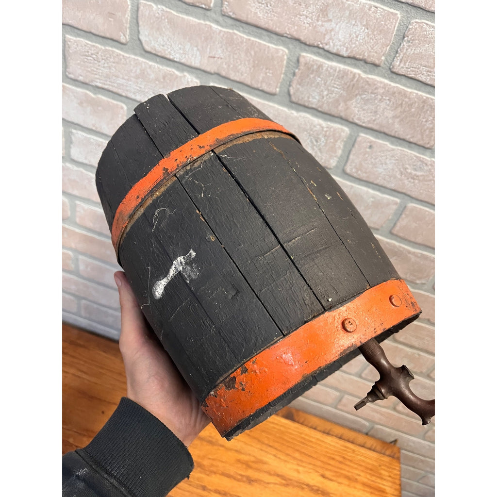 Pre-Prohibition Antique Miniature Wooden Keg Barrel w Brass Spigot Orange & Blue