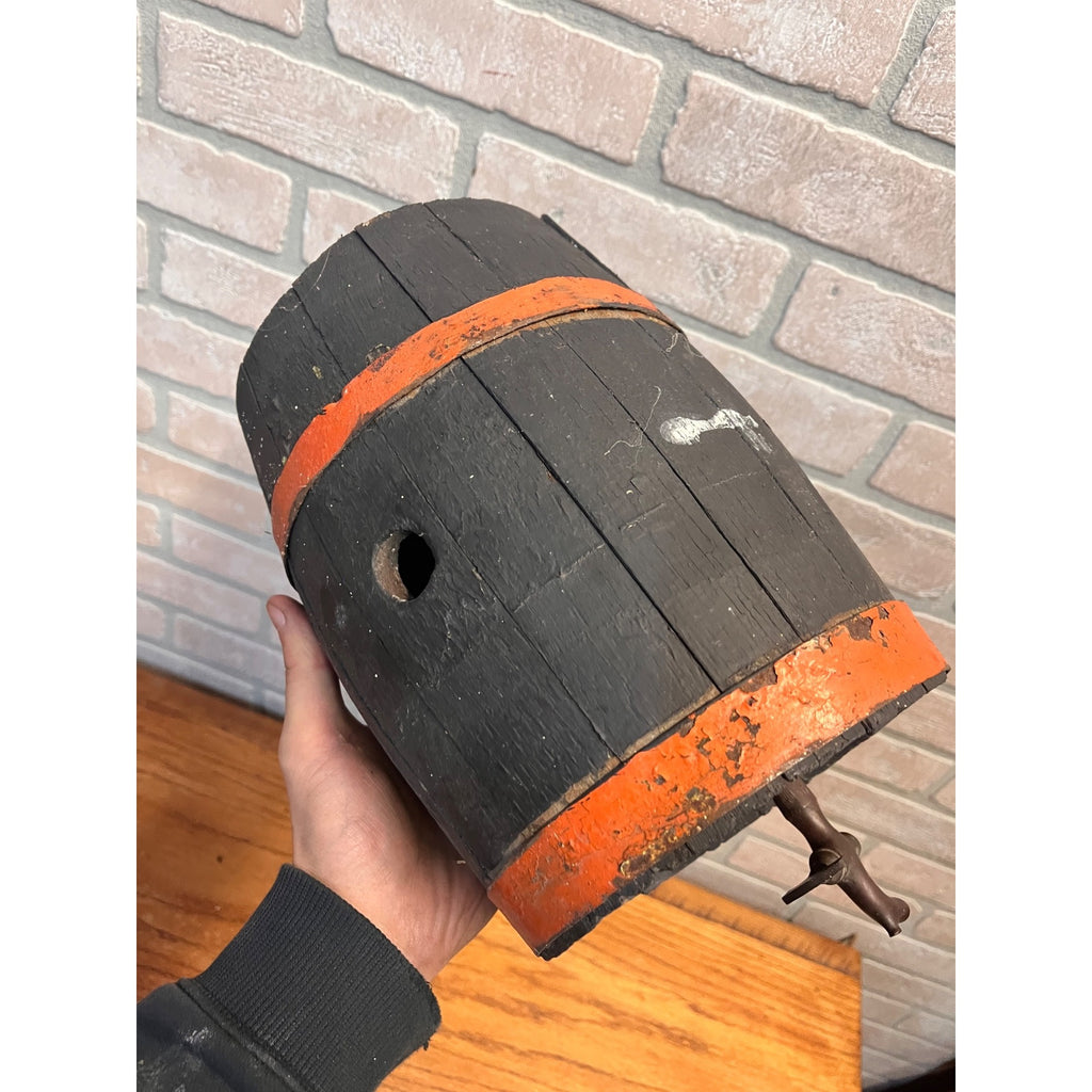 Pre-Prohibition Antique Miniature Wooden Keg Barrel w Brass Spigot Orange & Blue