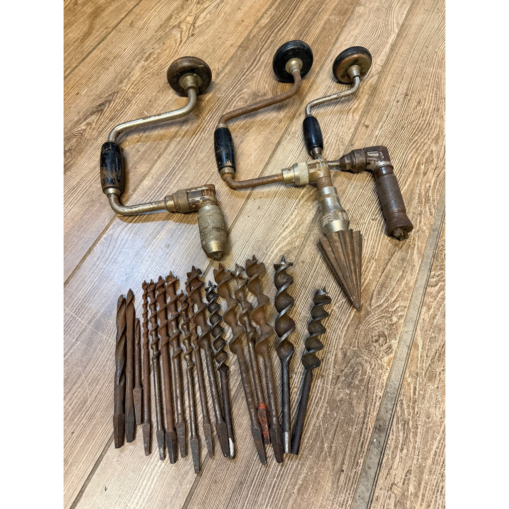 Vintage Manual Hand Crank Drill Set of Three (3) & Metal Bit Lot Hand Tools Woodworking
