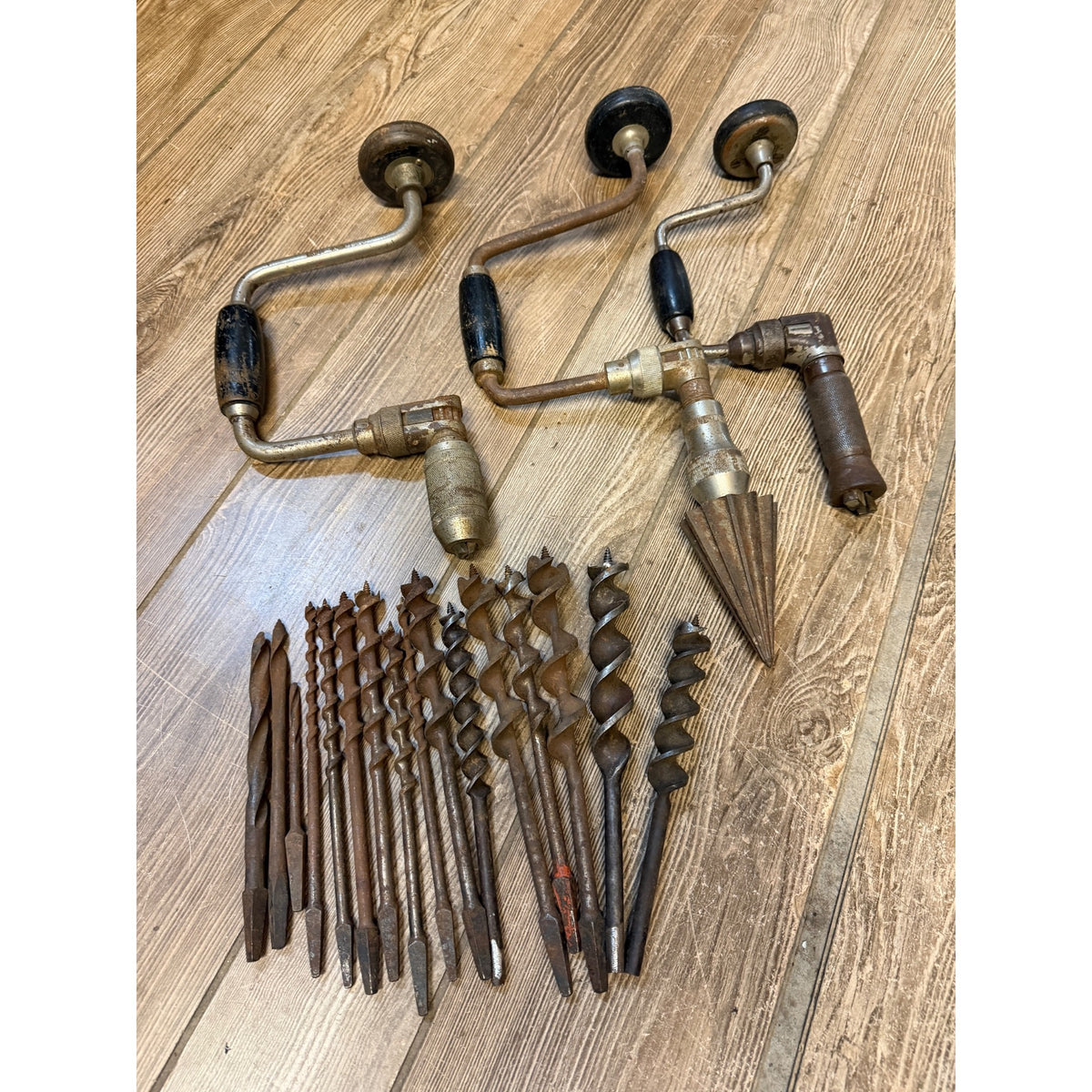 Vintage Manual Hand Crank Drill Set of Three (3) & Metal Bit Lot Hand Tools Woodworking