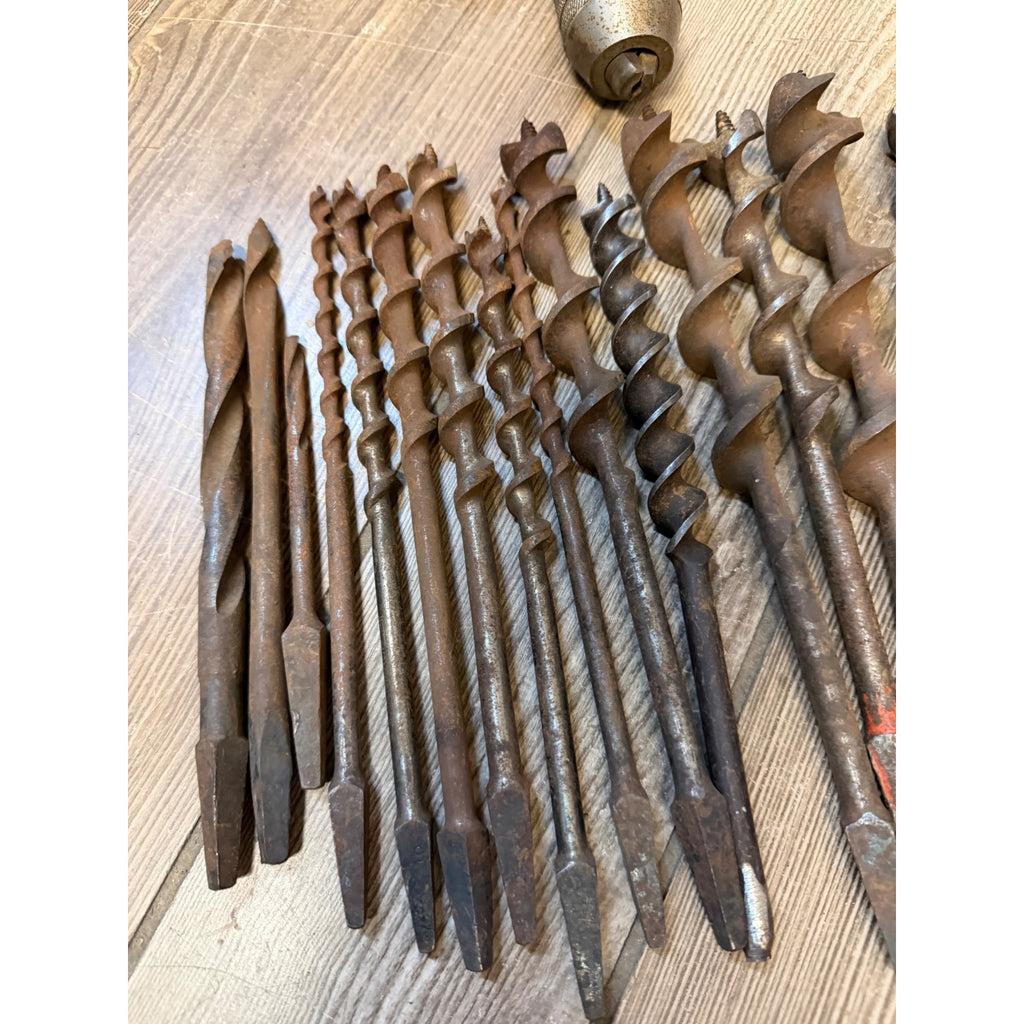 Vintage Manual Hand Crank Drill Set of Three (3) & Metal Bit Lot Hand Tools Woodworking
