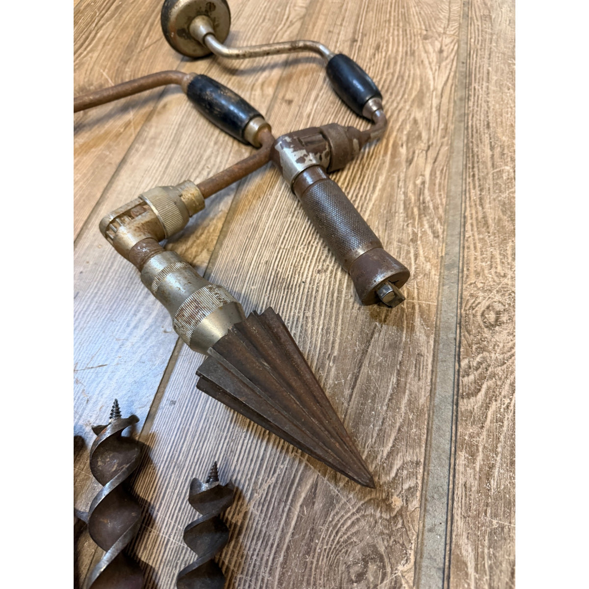 Vintage Manual Hand Crank Drill Set of Three (3) & Metal Bit Lot Hand Tools Woodworking
