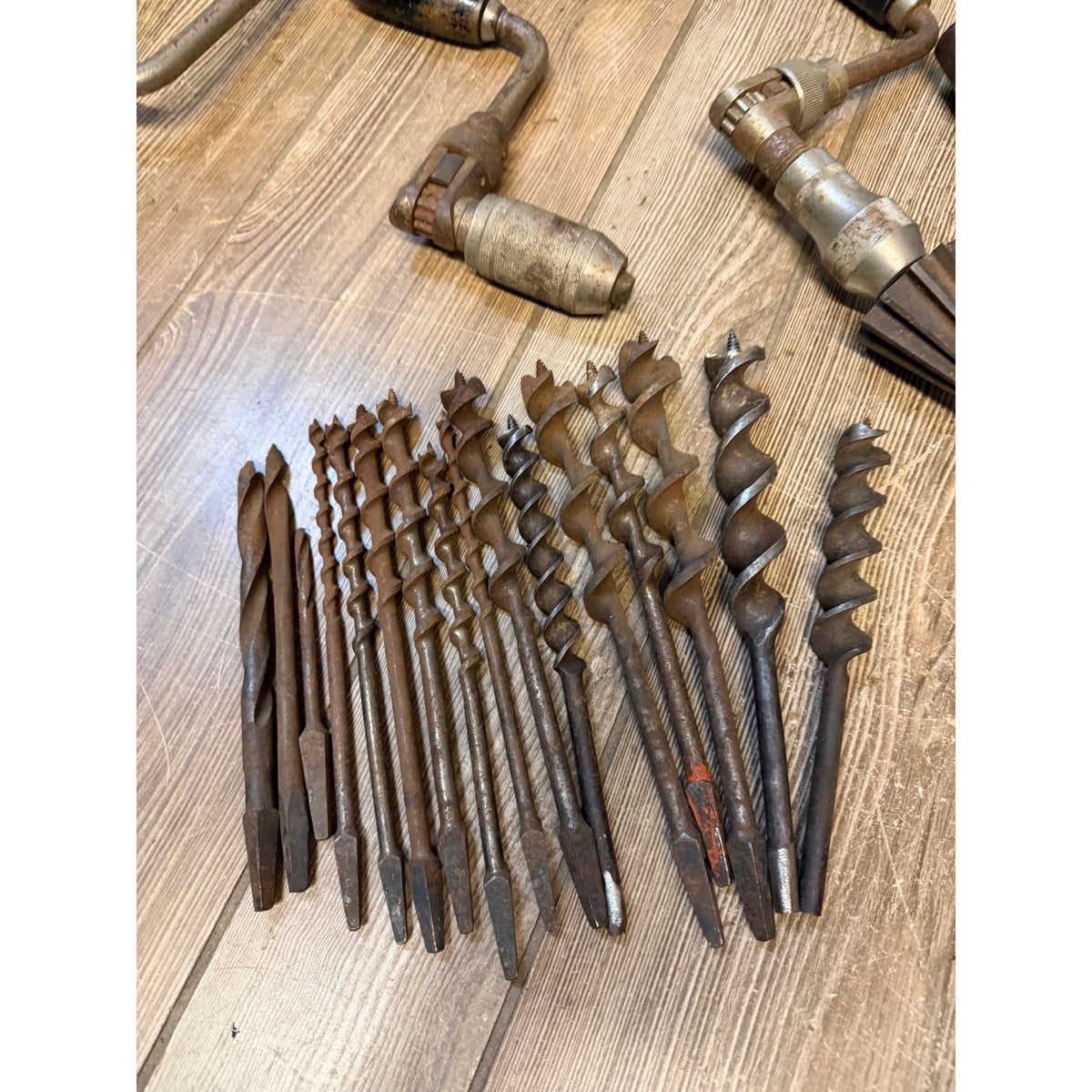 Vintage Manual Hand Crank Drill Set of Three (3) & Metal Bit Lot Hand Tools Woodworking