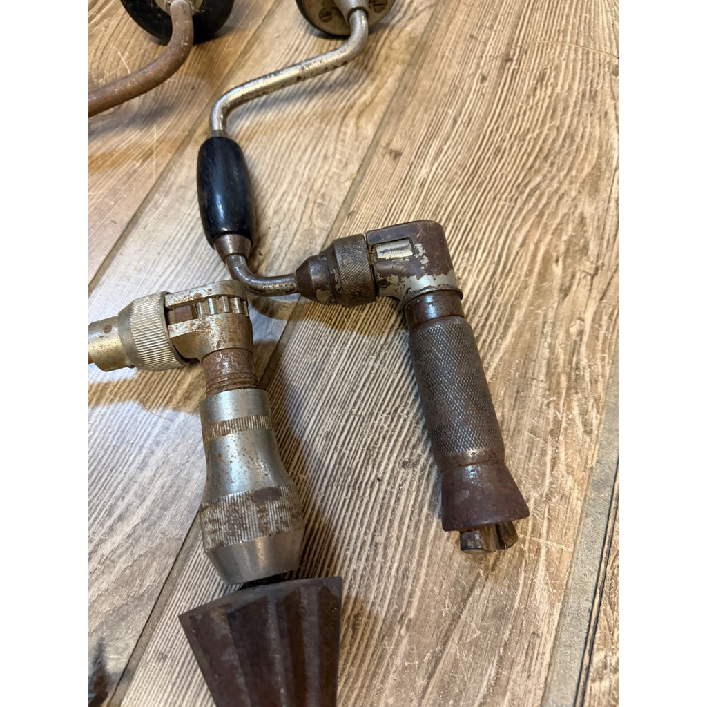 Vintage Manual Hand Crank Drill Set of Three (3) & Metal Bit Lot Hand Tools Woodworking