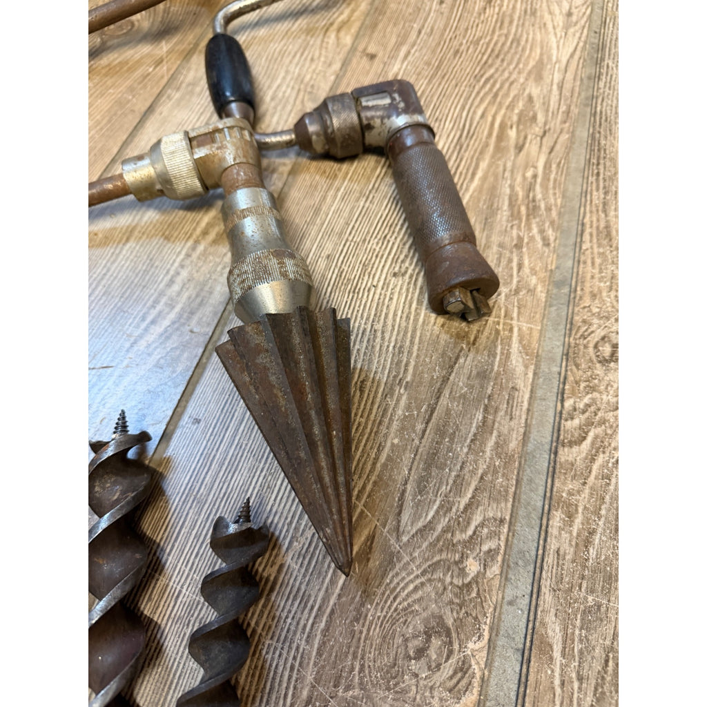 Vintage Manual Hand Crank Drill Set of Three (3) & Metal Bit Lot Hand Tools Woodworking