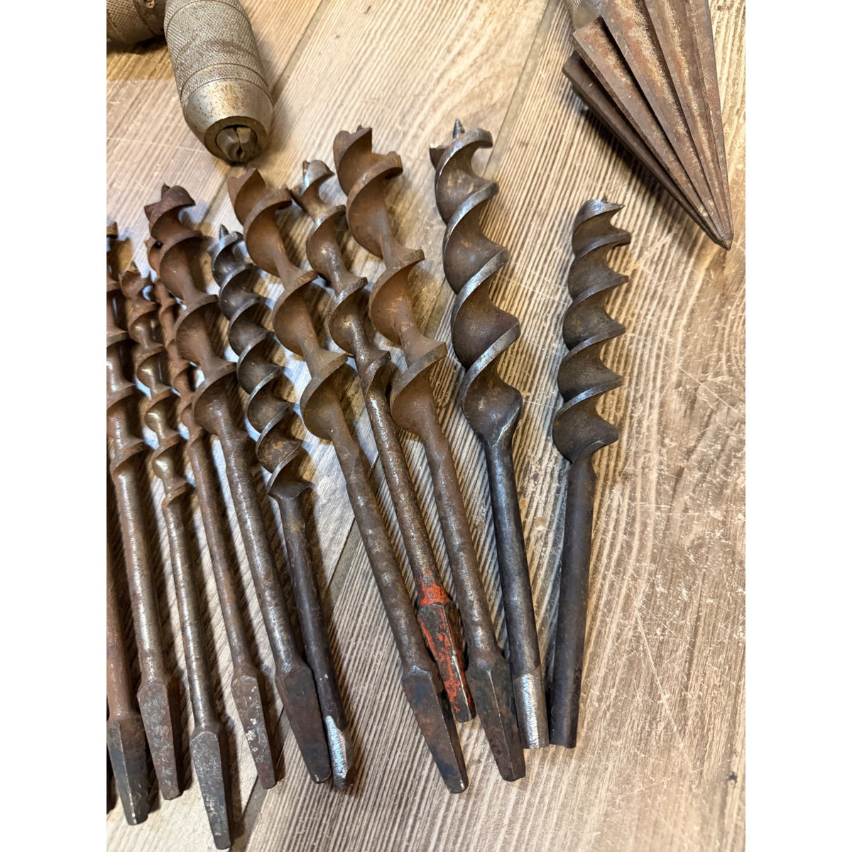Vintage Manual Hand Crank Drill Set of Three (3) & Metal Bit Lot Hand Tools Woodworking
