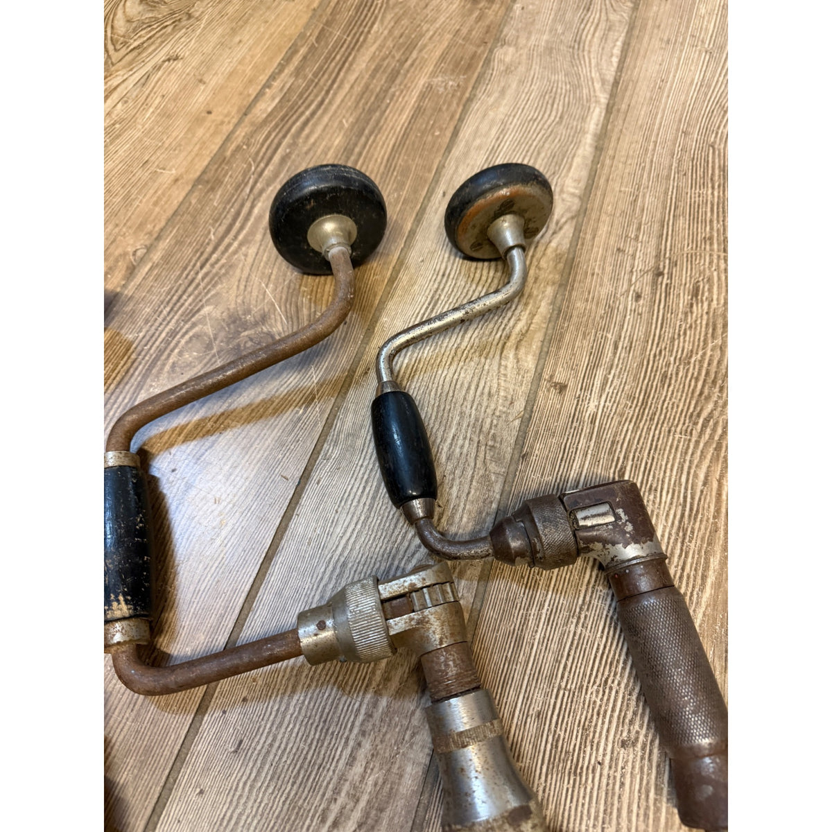 Vintage Manual Hand Crank Drill Set of Three (3) & Metal Bit Lot Hand Tools Woodworking