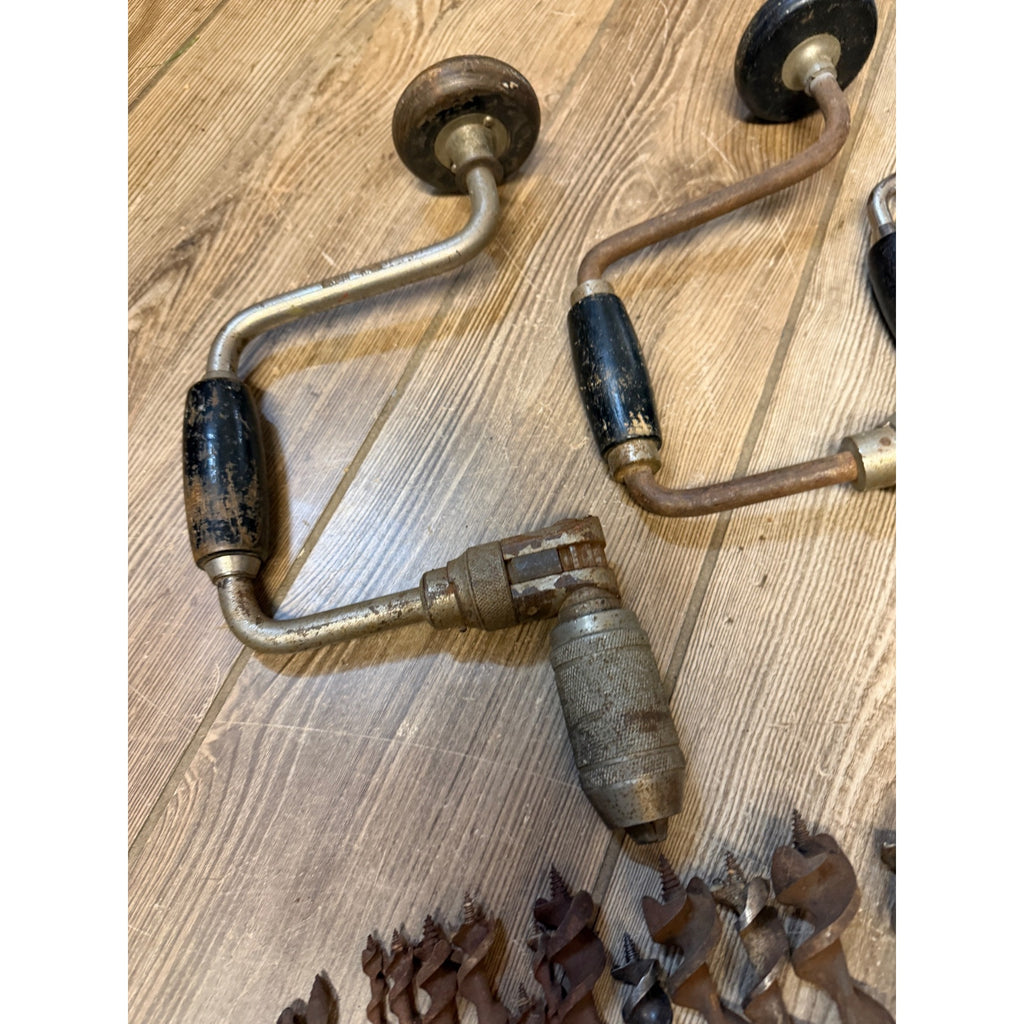 Vintage Manual Hand Crank Drill Set of Three (3) & Metal Bit Lot Hand Tools Woodworking