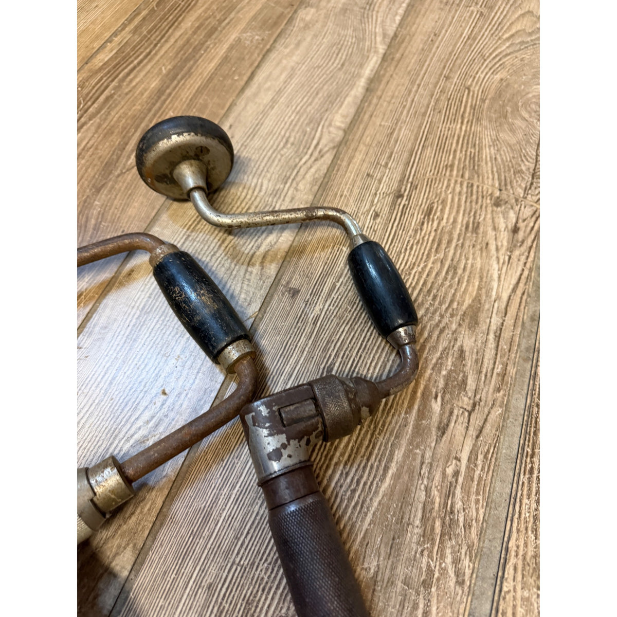 Vintage Manual Hand Crank Drill Set of Three (3) & Metal Bit Lot Hand Tools Woodworking
