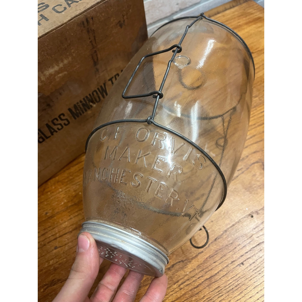 Original CF Orvis Manchester Embossed Glass Minnow Trap In Original Box