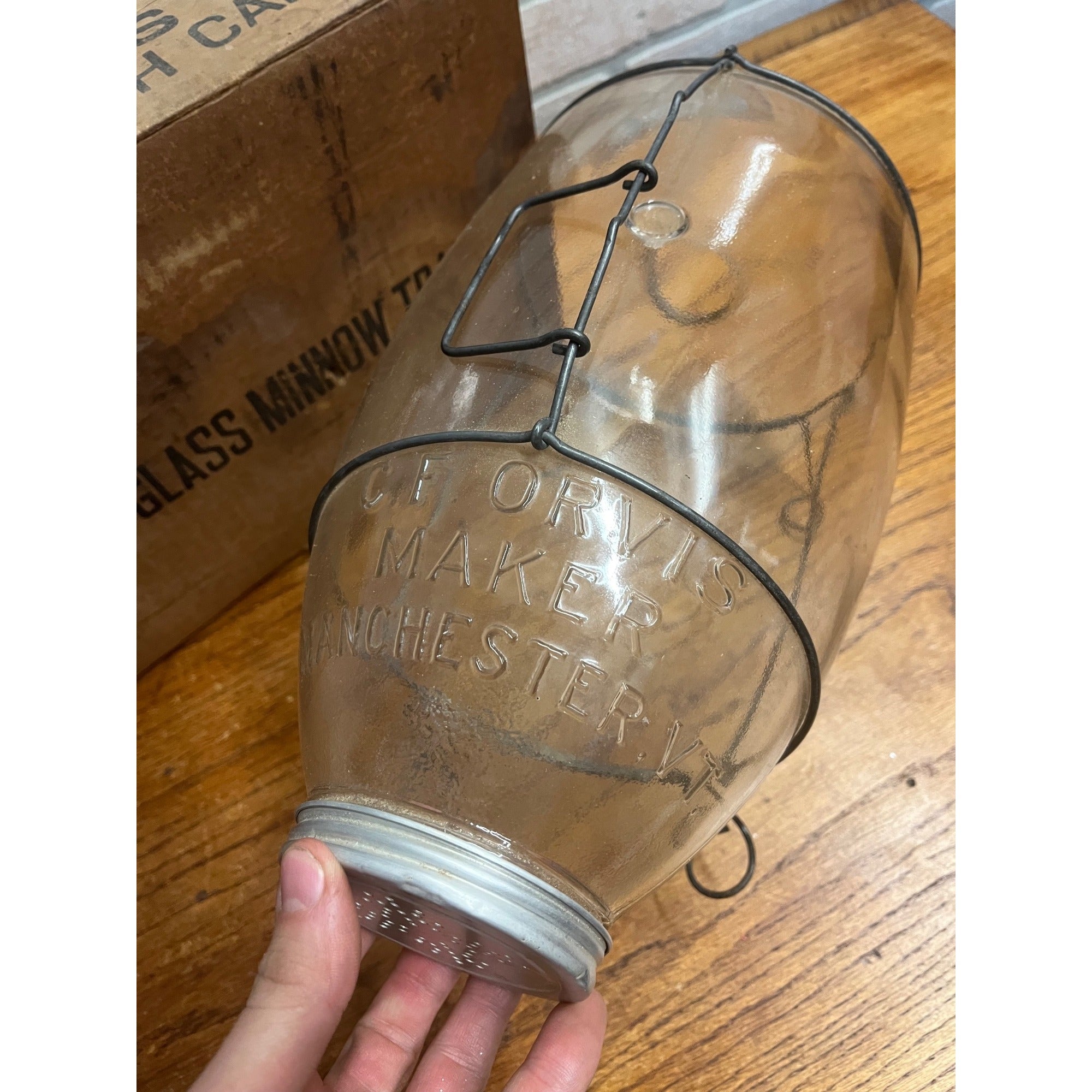 Original CF Orvis Manchester Embossed Glass Minnow Trap In Original Box