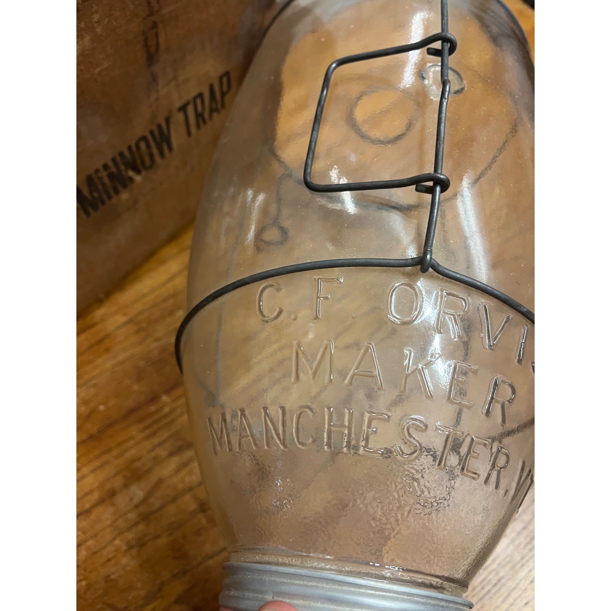 Original CF Orvis Manchester Embossed Glass Minnow Trap In Original Box