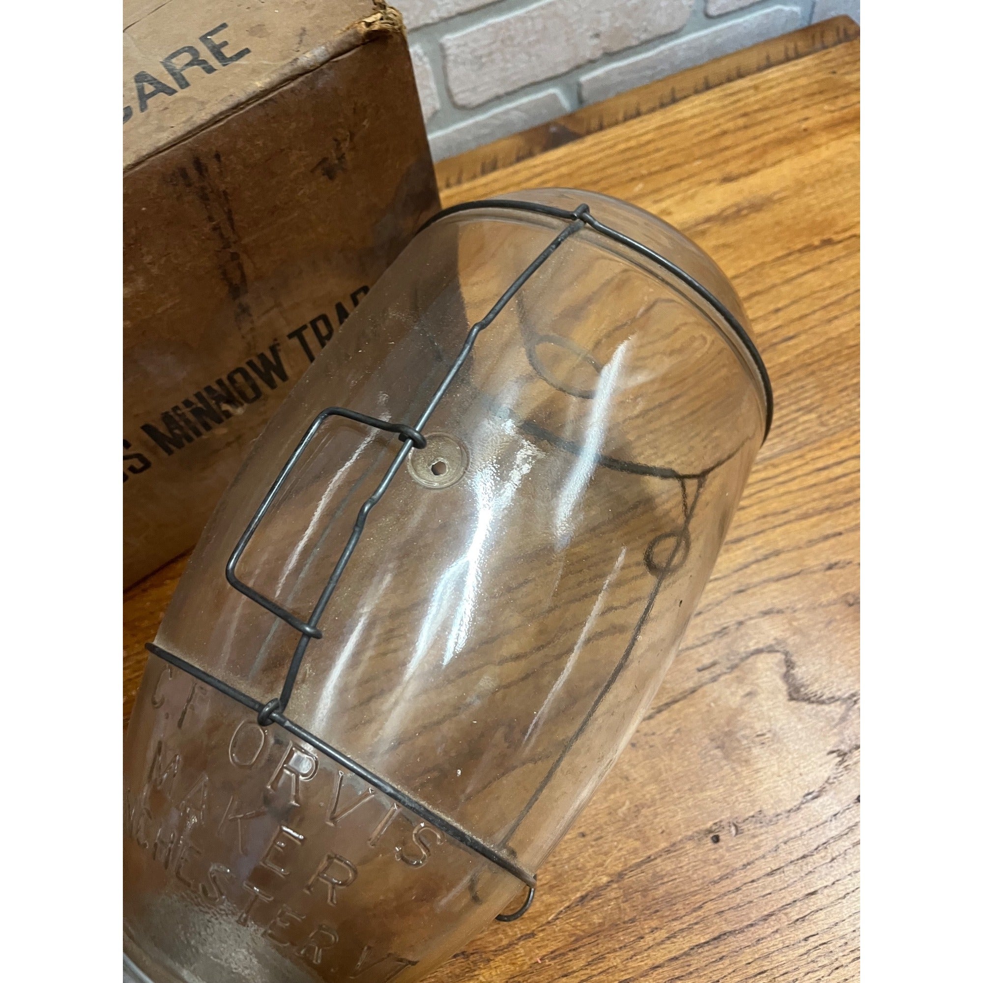 Original CF Orvis Manchester Embossed Glass Minnow Trap In Original Box