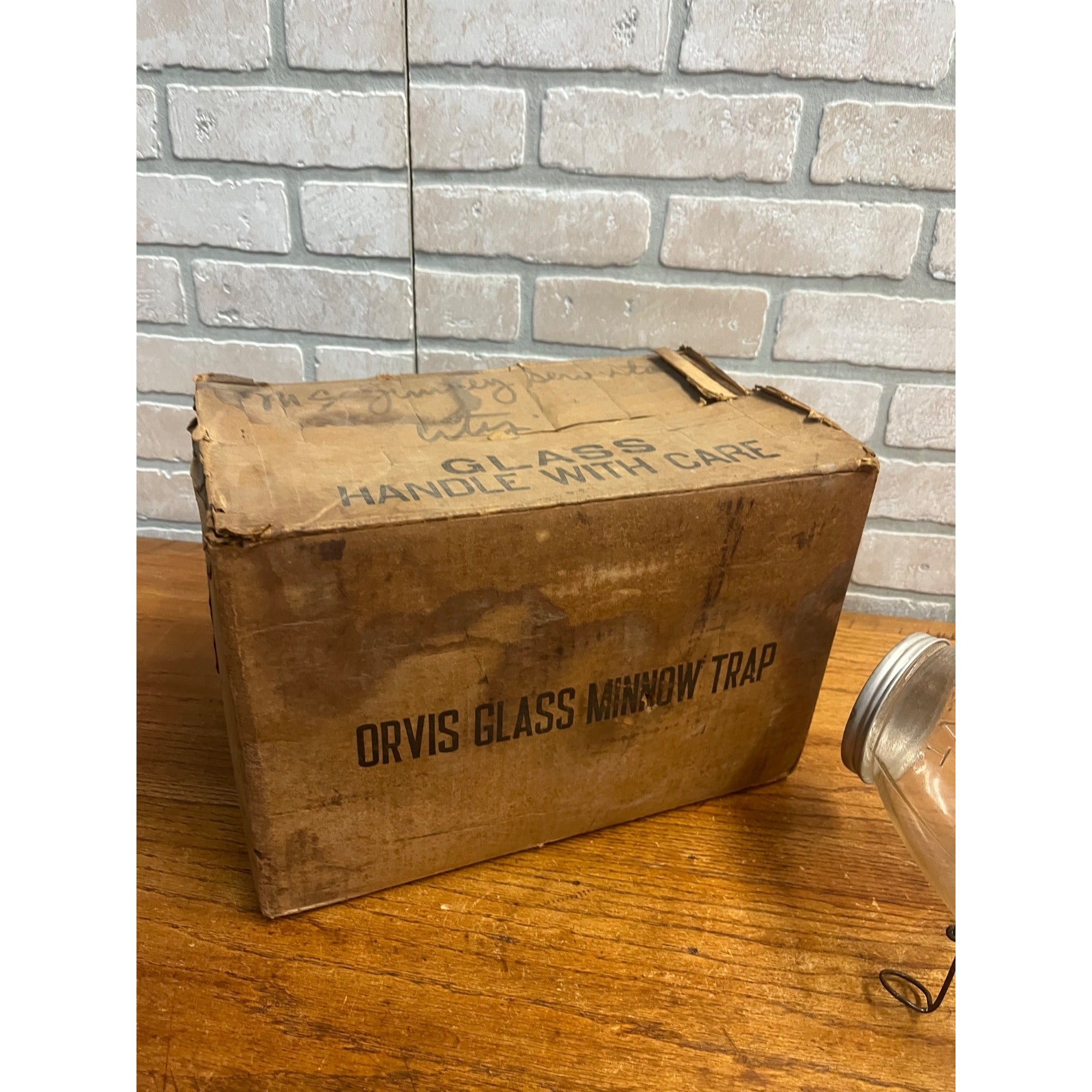 Original CF Orvis Manchester Embossed Glass Minnow Trap In Original Box