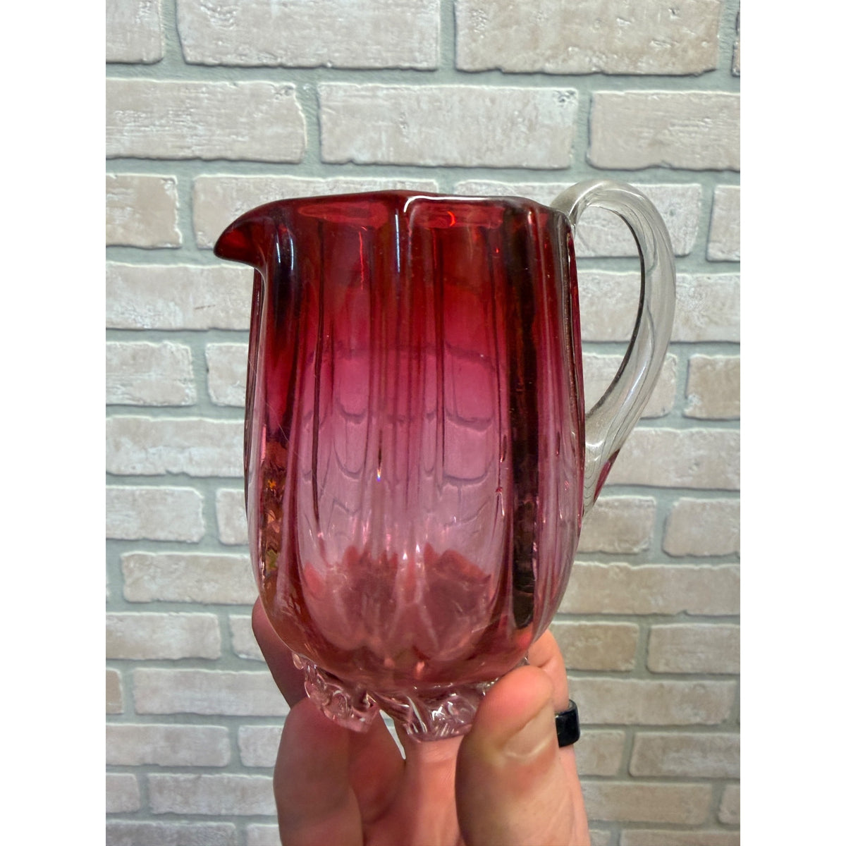 Antique Stevens & Williams Hand Blown Cranberry Applied Foot Creamer Pitcher 4"