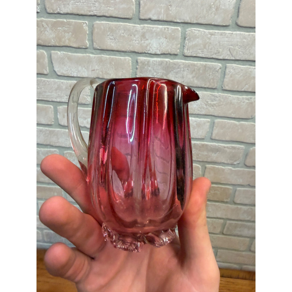 Antique Stevens & Williams Hand Blown Cranberry Applied Foot Creamer Pitcher 4"