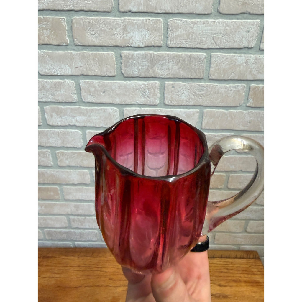 Antique Stevens & Williams Hand Blown Cranberry Applied Foot Creamer Pitcher 4"