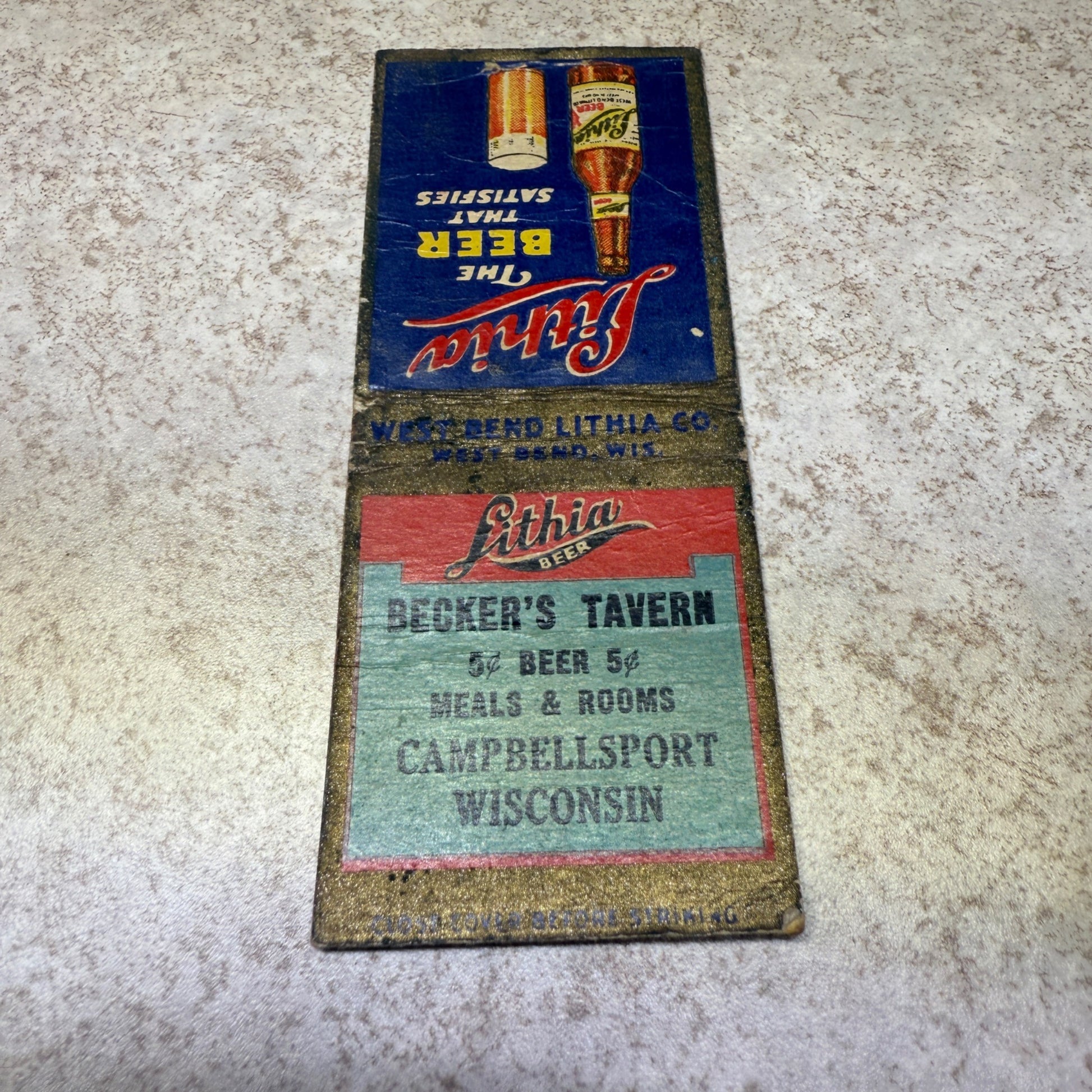 Vintage Matchbook Beckers Tavern Campbellsport Wis West Bend Lithia Beer