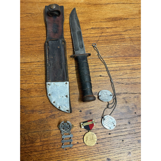 Original WWII US Navy RH 37 Fighting Knife + Sheath, Dog Tags, & Medals Named ID Estate