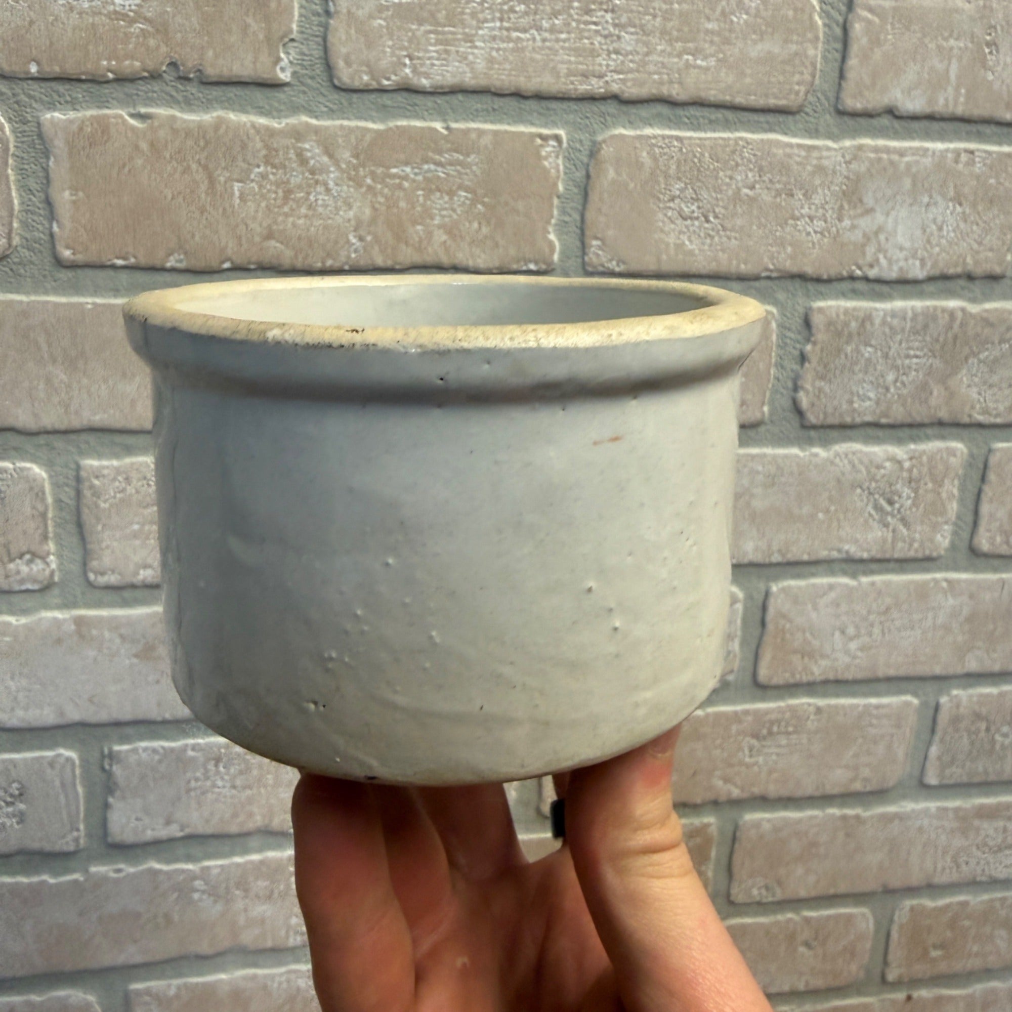 Antique Primitive Small Mini Butter Crock White Glazed 4.5" Dia x 3" T