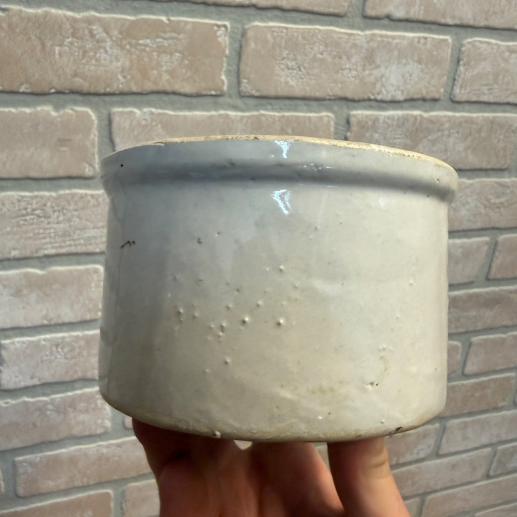 Antique Primitive Small Mini Butter Crock White Glazed 4.5