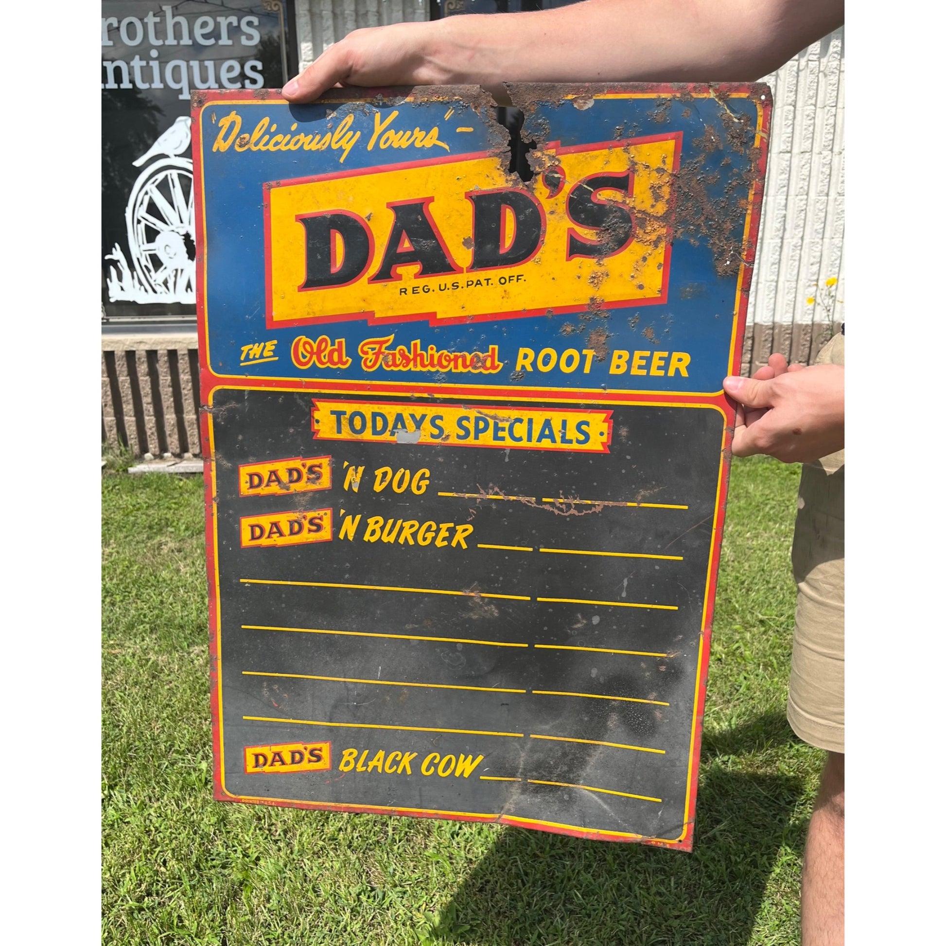 Vintage 1930s Dad's Root Beer Soda Tin Embossed Sign Menu Board Black Cow