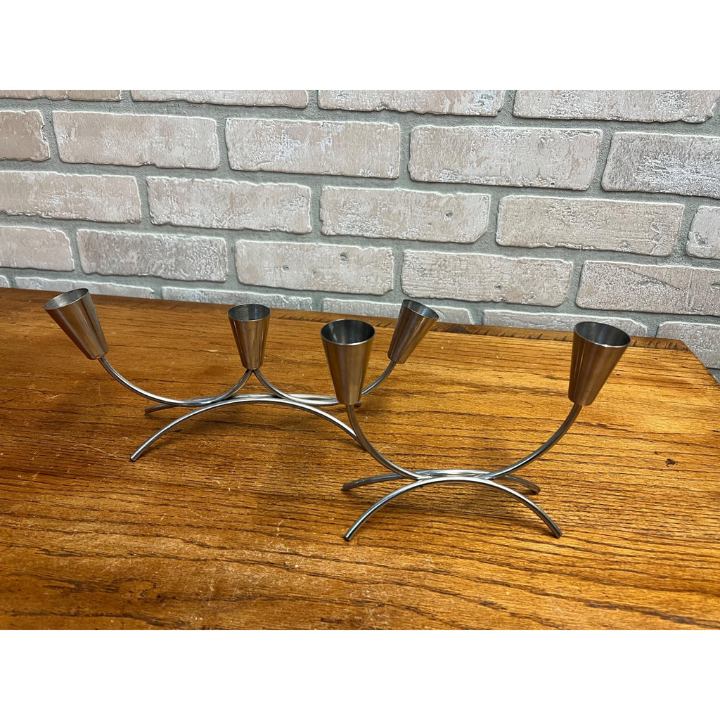 Pair of Vintage MCM Stainless Steel Danish Modern Candle Holders 1960s Retro