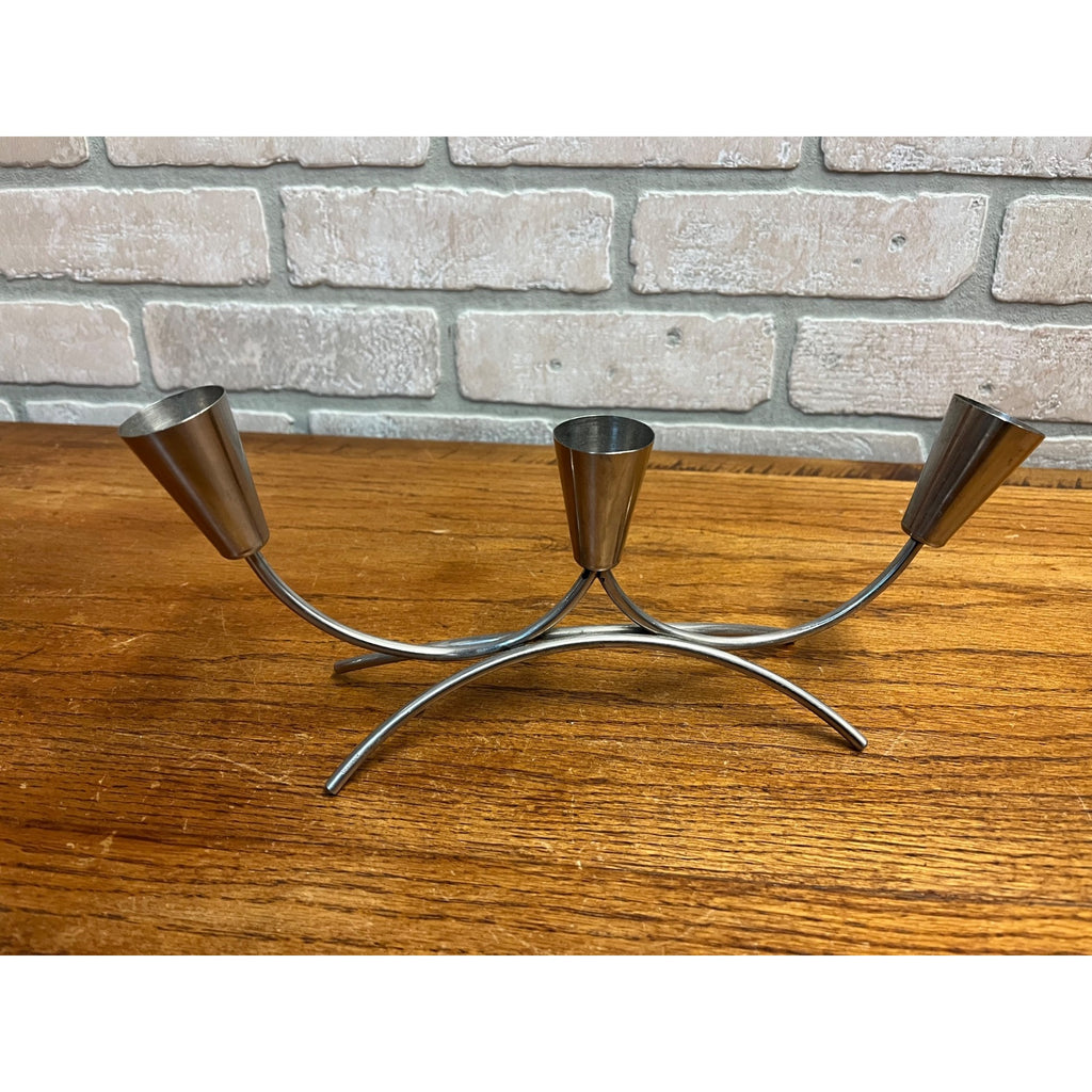 Pair of Vintage MCM Stainless Steel Danish Modern Candle Holders 1960s Retro