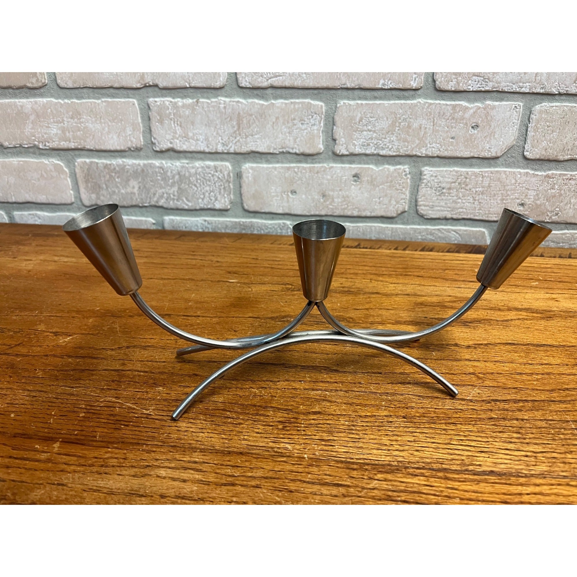 Pair of Vintage MCM Stainless Steel Danish Modern Candle Holders 1960s Retro