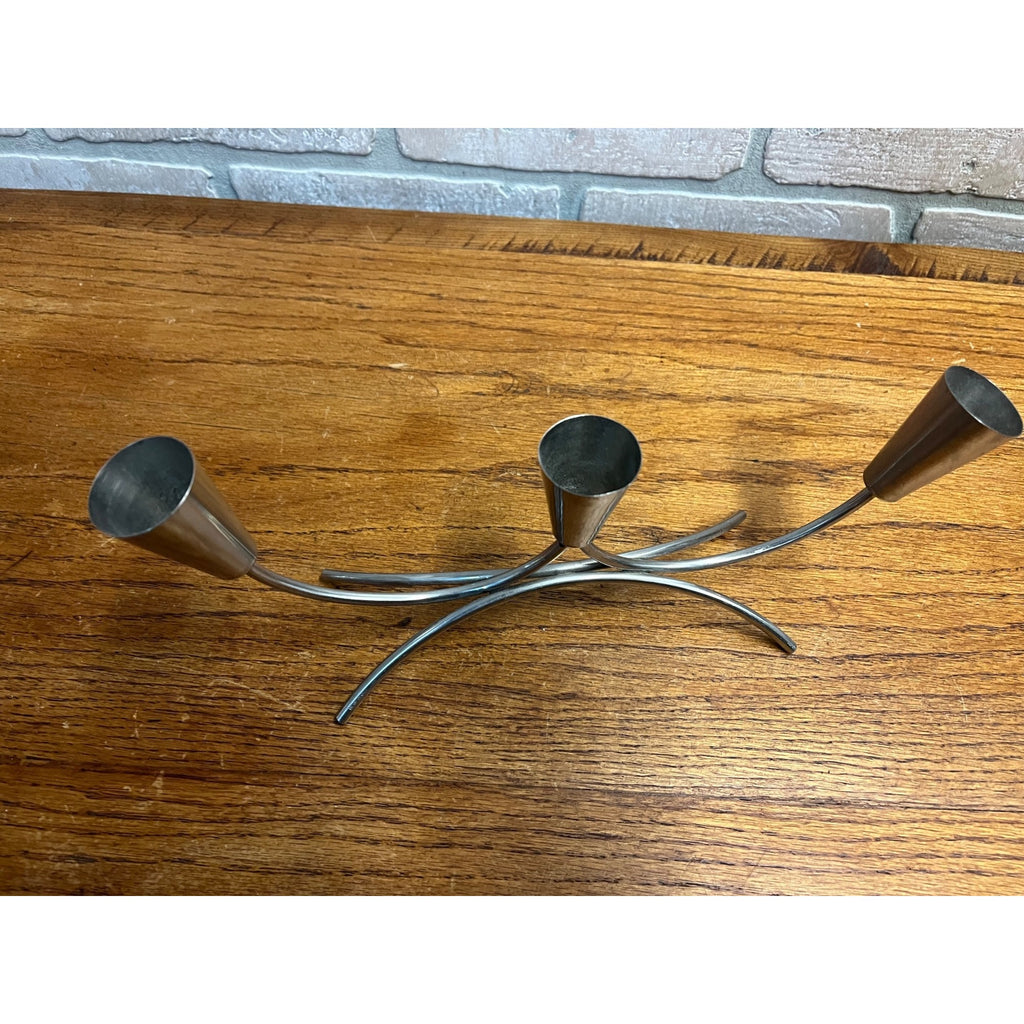 Pair of Vintage MCM Stainless Steel Danish Modern Candle Holders 1960s Retro