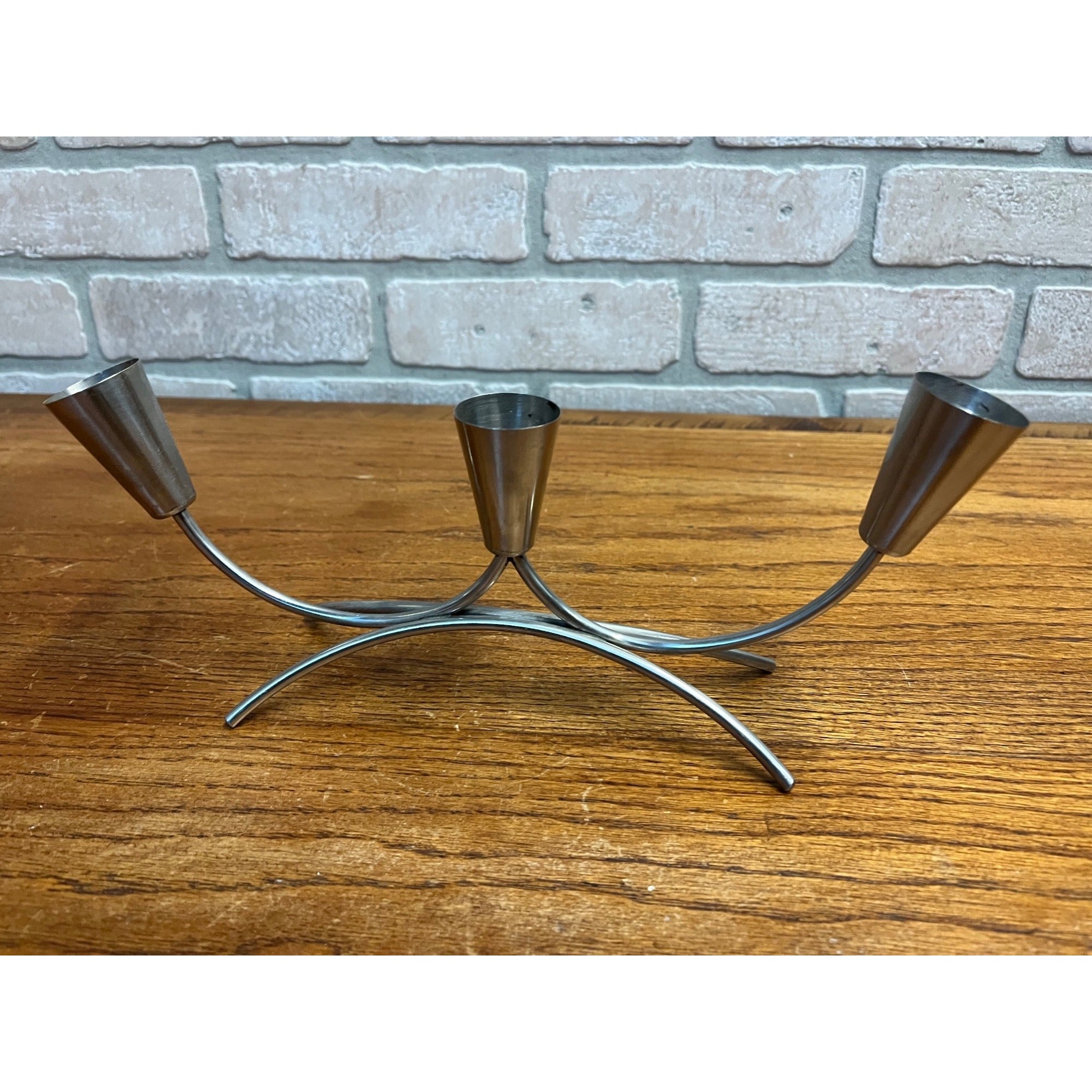 Pair of Vintage MCM Stainless Steel Danish Modern Candle Holders 1960s Retro
