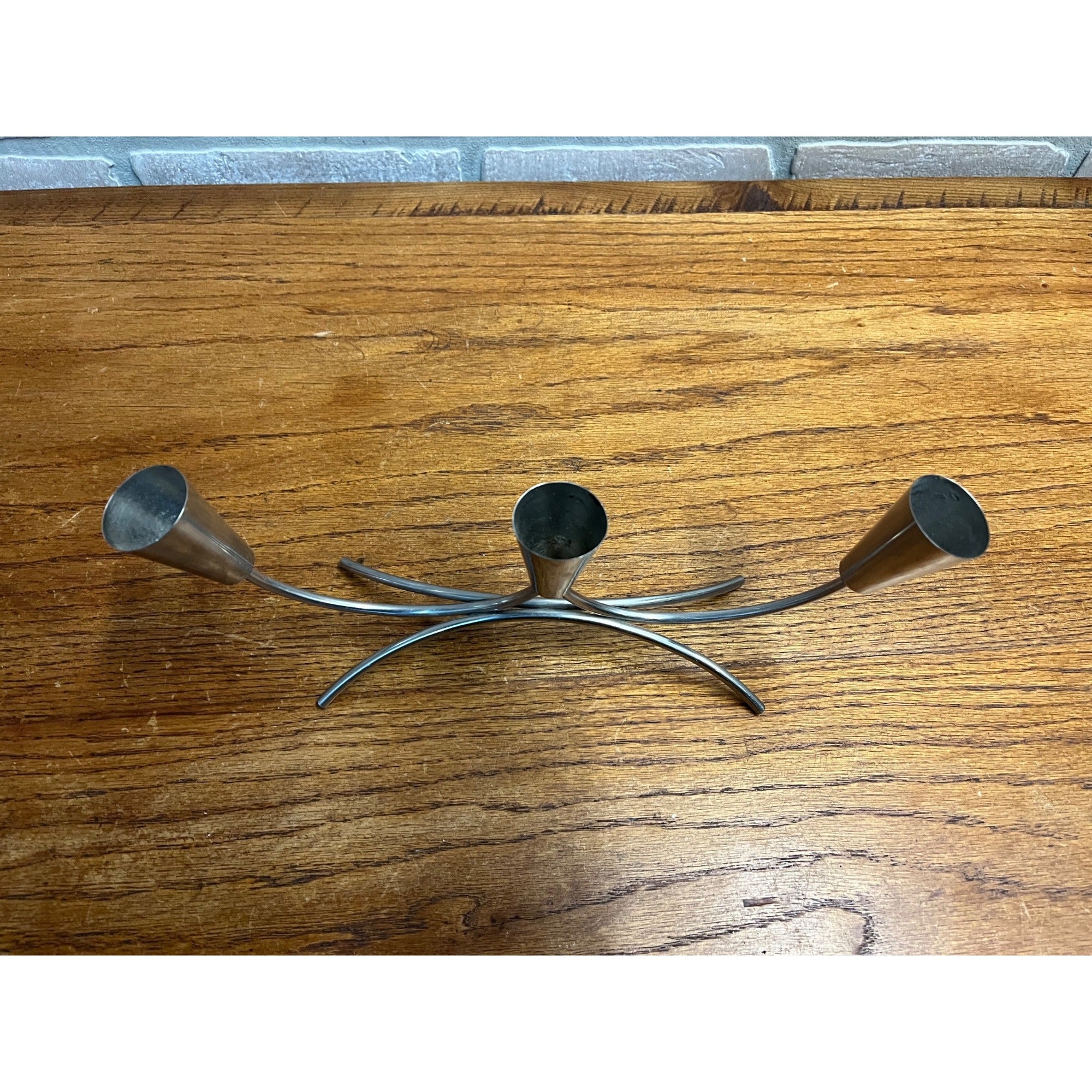 Pair of Vintage MCM Stainless Steel Danish Modern Candle Holders 1960s Retro
