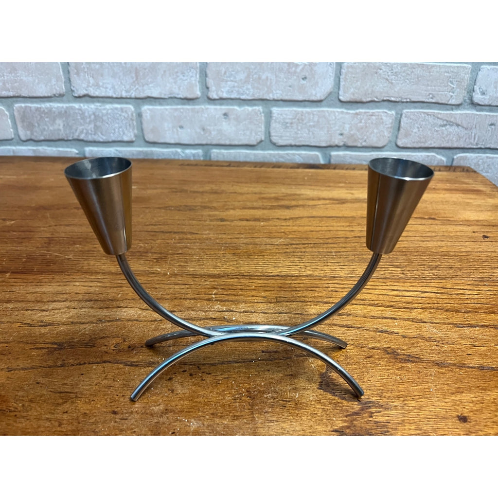 Pair of Vintage MCM Stainless Steel Danish Modern Candle Holders 1960s Retro