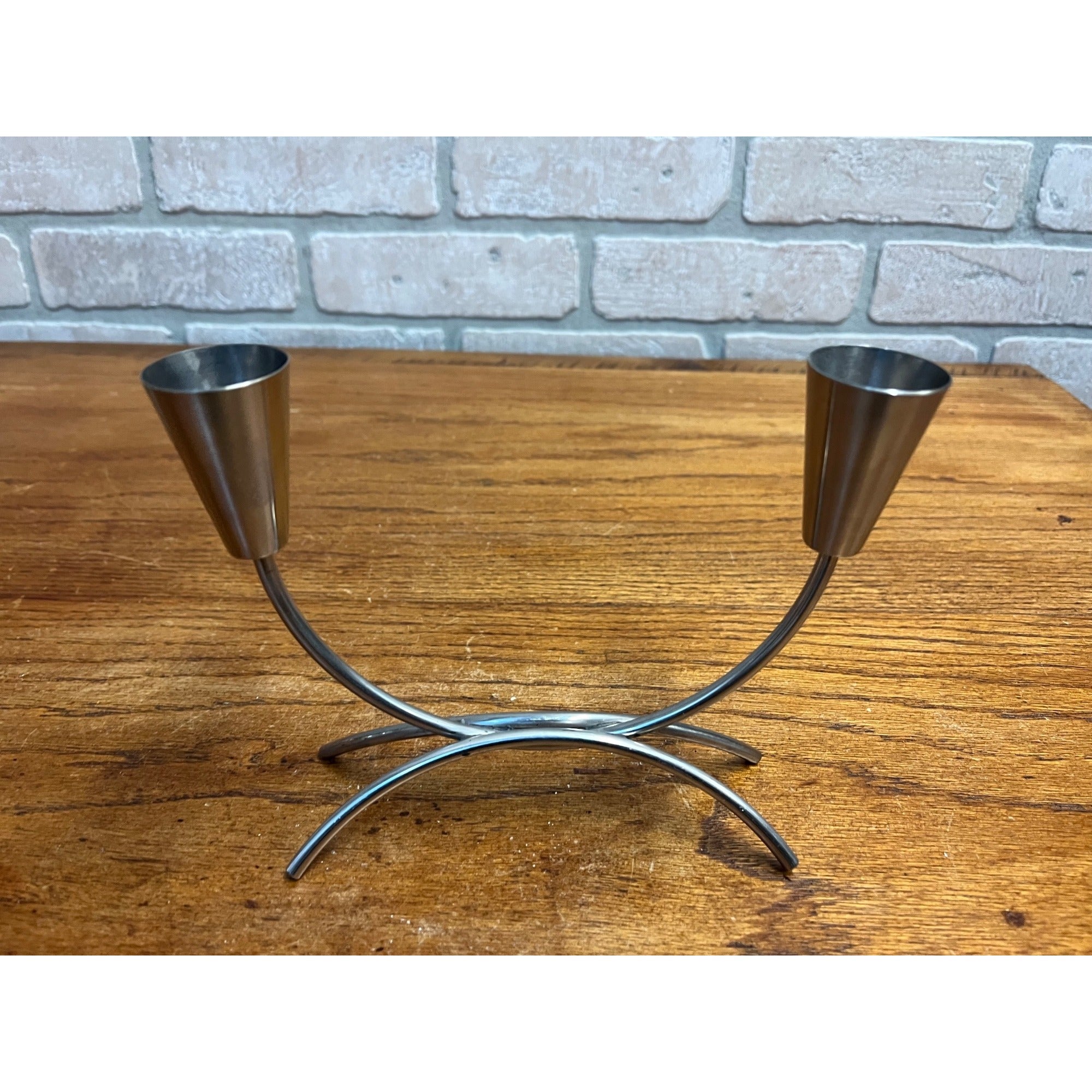 Pair of Vintage MCM Stainless Steel Danish Modern Candle Holders 1960s Retro