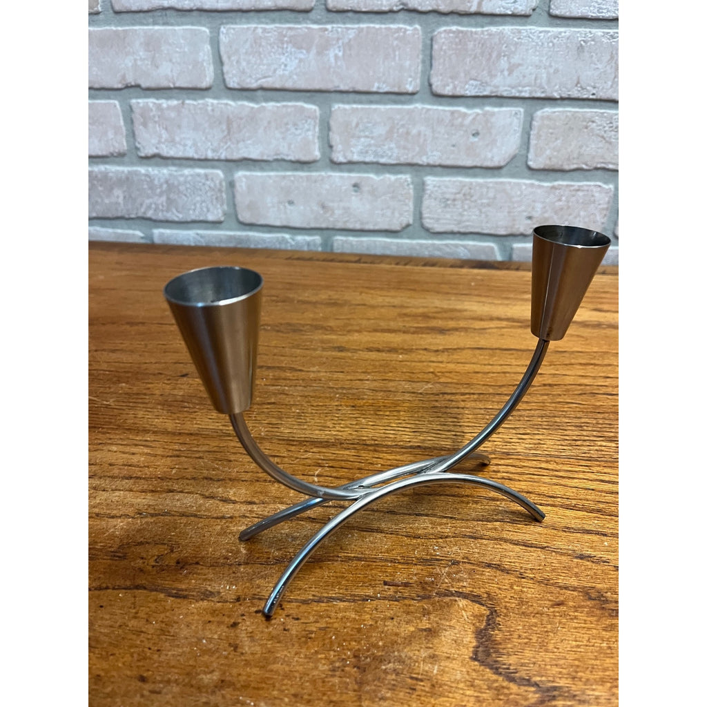 Pair of Vintage MCM Stainless Steel Danish Modern Candle Holders 1960s Retro