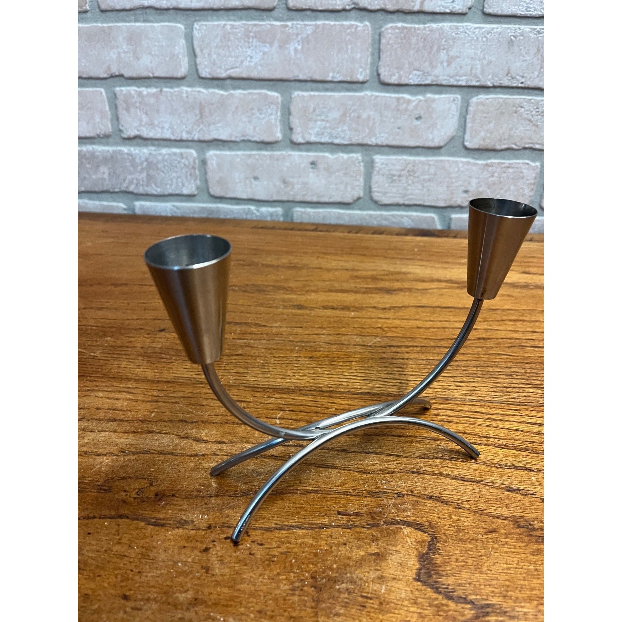 Pair of Vintage MCM Stainless Steel Danish Modern Candle Holders 1960s Retro