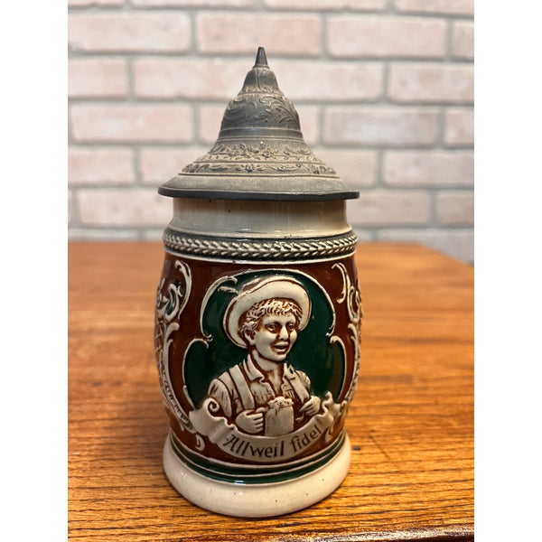 Antique German Relief Stoneware Boy Beer Stein w/ Lid 1900s Germany 1/4L