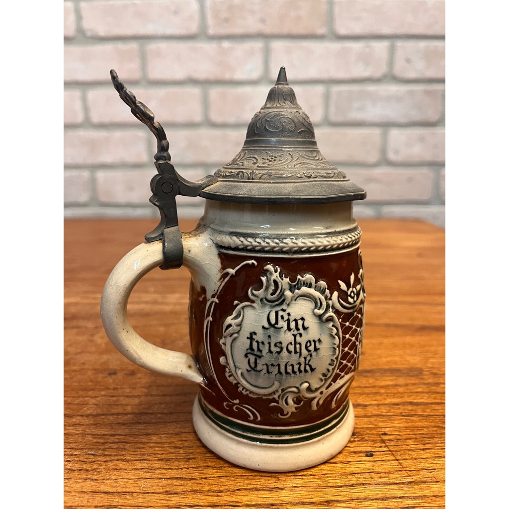 Antique German Relief Stoneware Boy Beer Stein w/ Lid 1900s Germany 1/4L