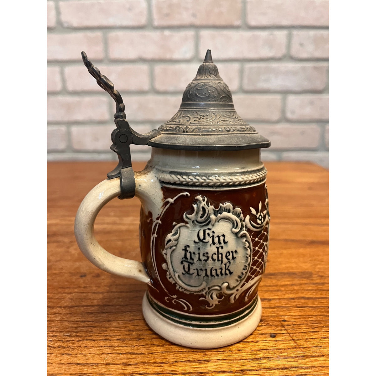 Antique German Relief Stoneware Boy Beer Stein w/ Lid 1900s Germany 1/4L
