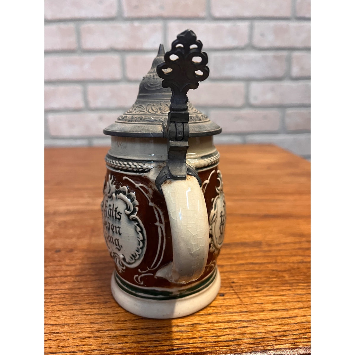Antique German Relief Stoneware Boy Beer Stein w/ Lid 1900s Germany 1/4L