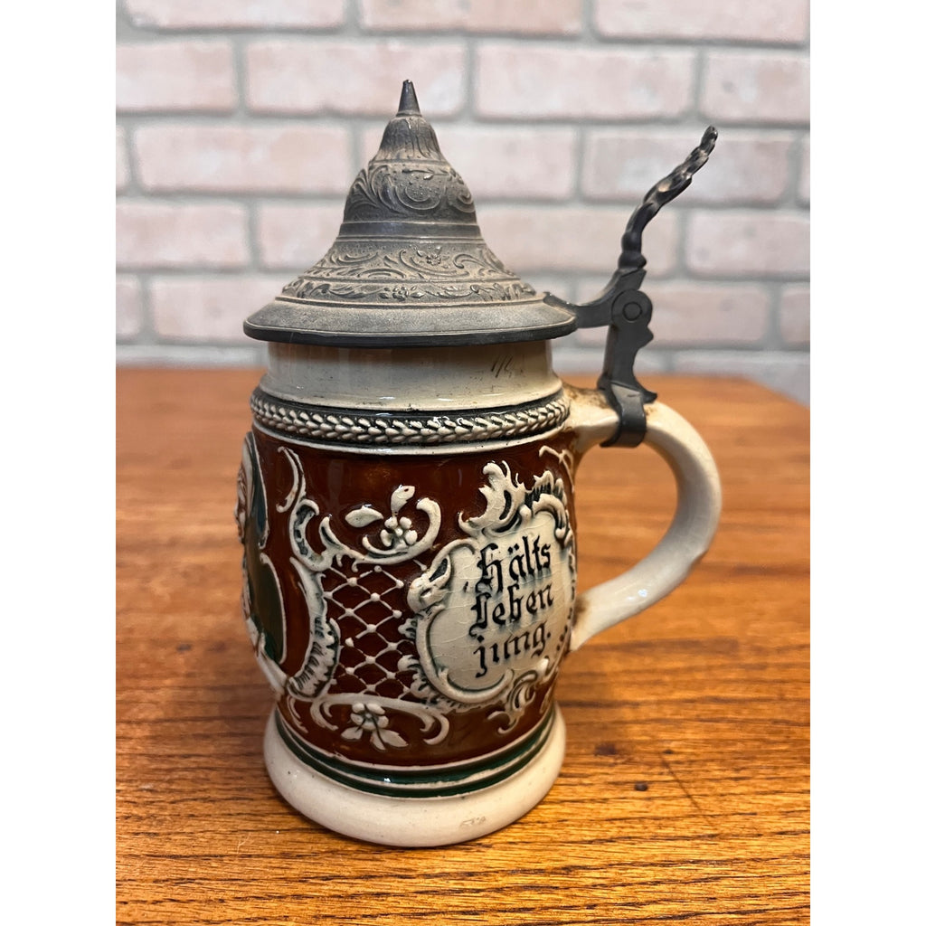 Antique German Relief Stoneware Boy Beer Stein w/ Lid 1900s Germany 1/4L