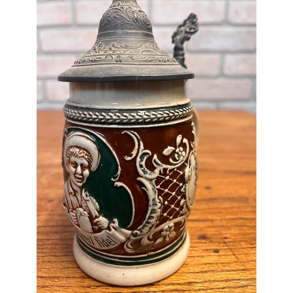 Antique German Relief Stoneware Boy Beer Stein w/ Lid 1900s Germany 1/4L