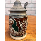 Antique German Relief Stoneware Boy Beer Stein w/ Lid 1900s Germany 1/4L