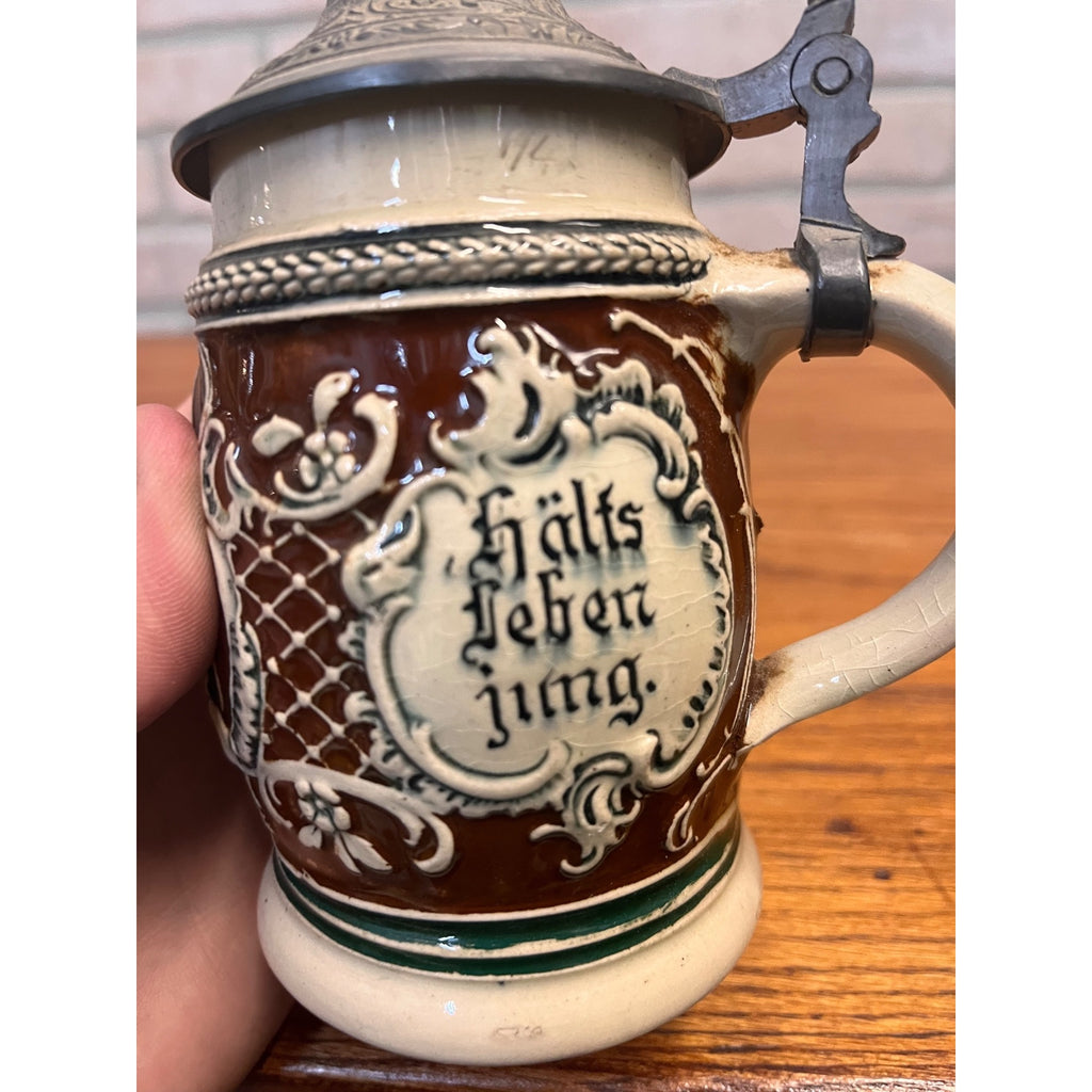 Antique German Relief Stoneware Boy Beer Stein w/ Lid 1900s Germany 1/4L
