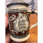 Antique German Relief Stoneware Boy Beer Stein w/ Lid 1900s Germany 1/4L