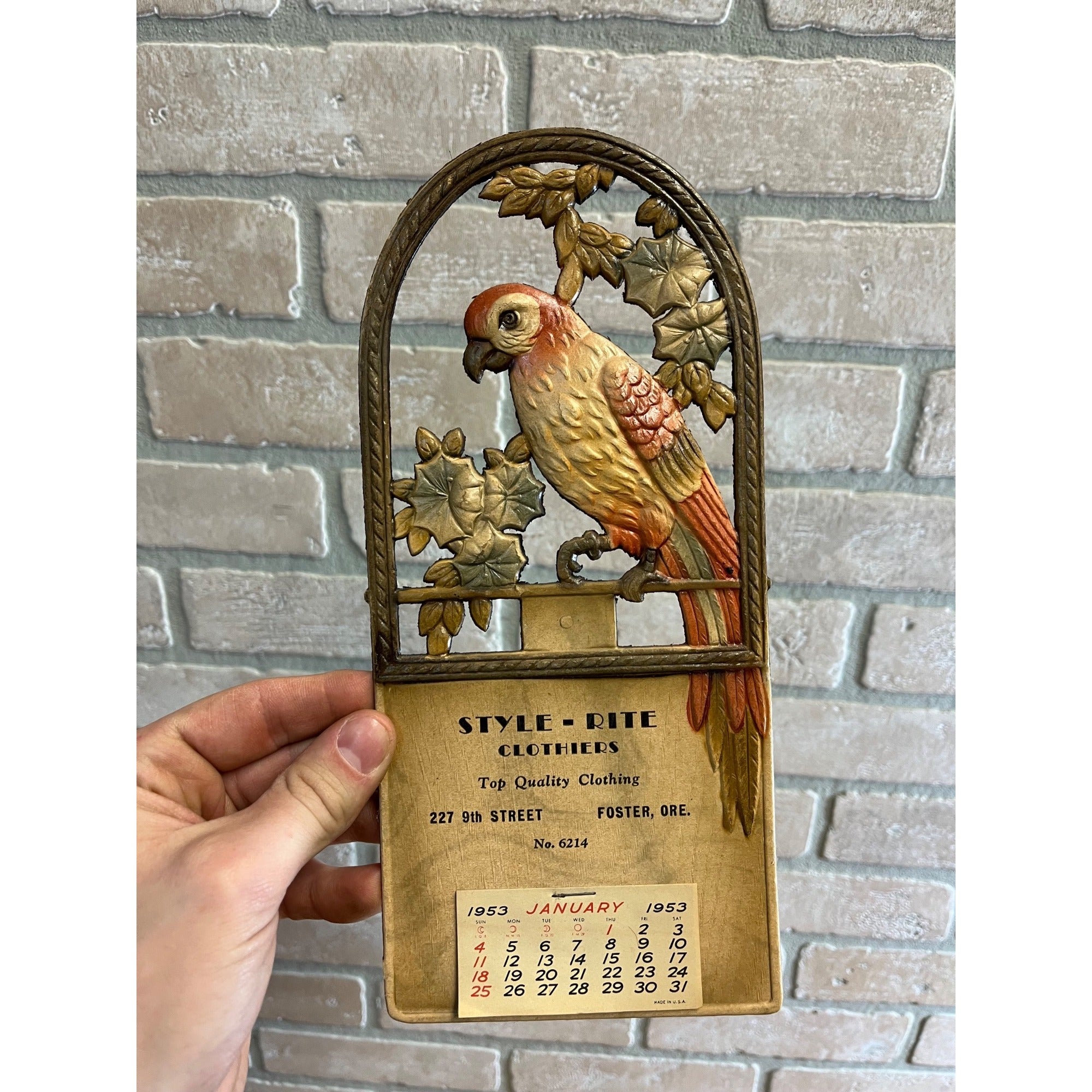 German Victorian Advertising Diecut Calendar Sign Parrot Foster Oregon Clothing